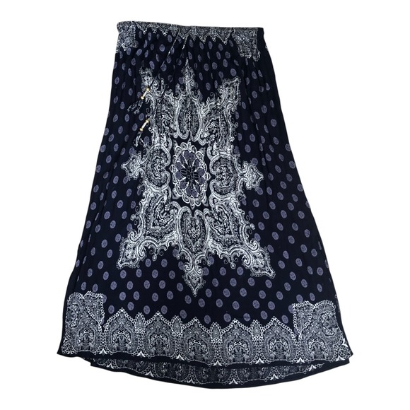 DB Women's Romantic Boho Navy White Smocked Waist w/ Tassels Maxi Skirt Sz 2X - Picture 1 of 11